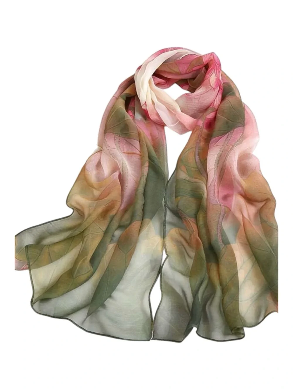 Silk Floral Watercolor Scarf in Pink and Green